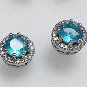 10k WG Plated 4 Ct Round Created Aquamarine Halo Earrings